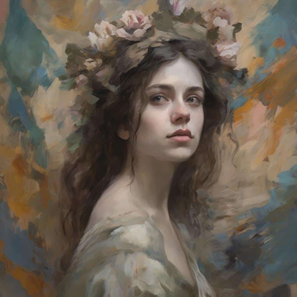 Ζωγραφική εικόνα γυναίκας με λουλούδια στα μαλλιά, ψηφιακή τέχνη και σύγχρονη τέχνη.