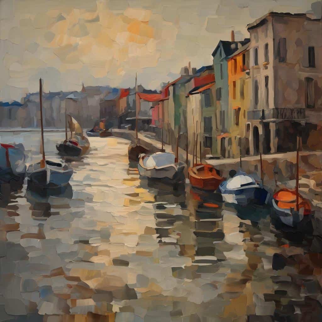 Γραμμένο σε πίνακα ζωγραφικής, παραθαλάσσιος οικισμός με πολύχρωμα κτίρια και πλωτά σκάφη, εμπνευσμένο από τέχνη και ψηφιακή επανάσταση.